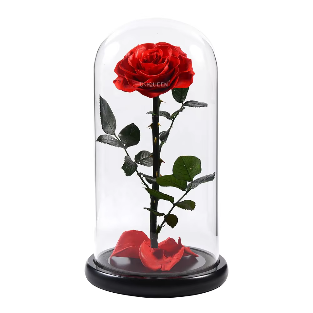 An immortal rose is in a glass box.